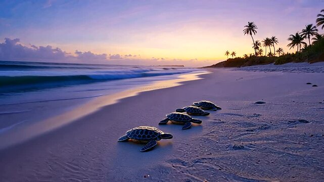 Four sea turtles making their way across a serene beach at sunset with palm trees in the background