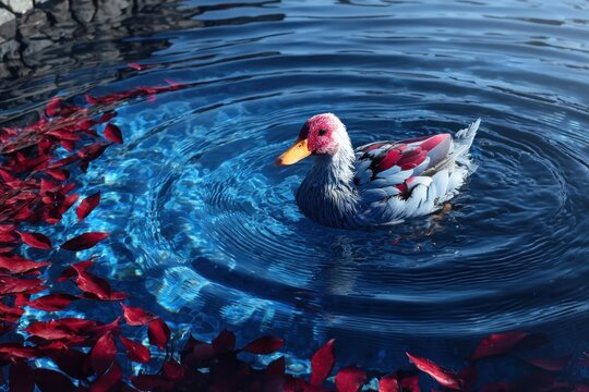 A duck floats on still water surrounded by autumn leaves