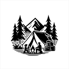 Black and White Family Camping Logo with Tent and Mountains Isolated on White Background