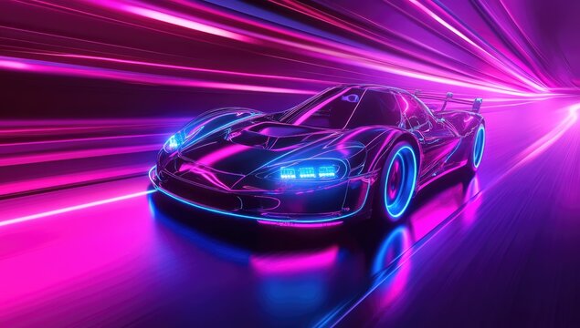 Neon sports car streaks through vibrant tunnel
