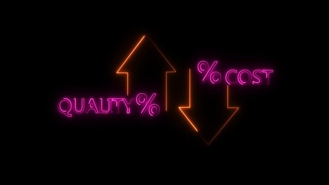 glowing neon Percentage icon of quality Successful organization strategy and management. Percentage icon of quality with up arrow and cost with down arrow.4k video