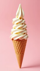 Towering Delight A Creamy Vanilla Soft Serve Ice Cream Cone Against a Cheerful Pink Backdrop A Sweet Treat
