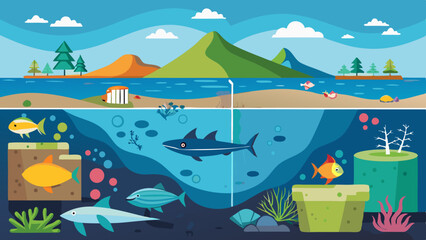 Naklejka premium Ocean Layers Cross Section View from Surface to Depths Revealing Marine Life and Underwater Topography