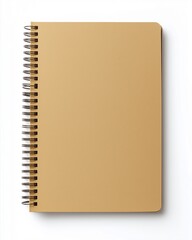Overhead image of a spiral-bound notebook with kraft brown cover, isolated on white background with clean light and soft shadows, photorealistic product layout with no text, labels, or accessories