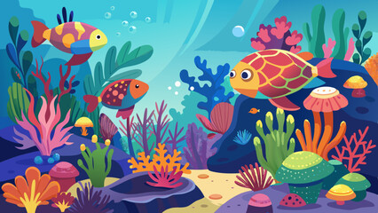 Vibrant Fantasy Coral Reef Scene with Colorful Fish Swimming in a Magical Underwater Sea