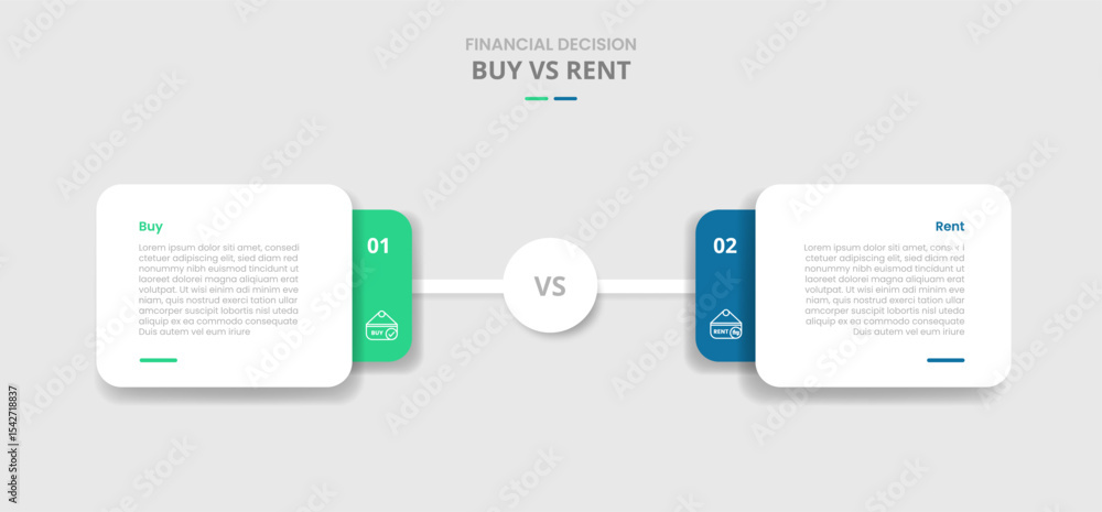 Poster buy vs rent comparison for infographic with round rectangle stacked layer with circle center connect