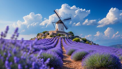 Windmill Overlooking Lavender Field on Sunny Day with Fluffy Clouds