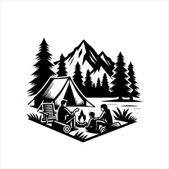 Fototapeta premium Black and White Family Camping Logo with Tent and Mountains Isolated on White Background