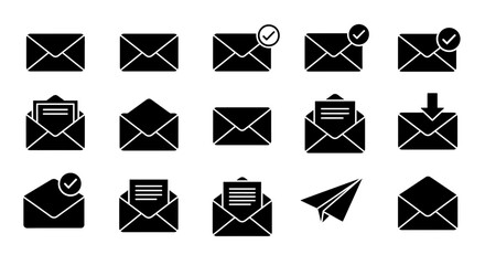 Icon Set Vector SVG Design with Mail and Message Theme Featuring Flat Design Style with Black Color