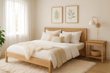 A Scandinavian minimalist bedroom featuring a wooden bed frame with white bedding, a light wood nightstand, and a large window with white curtains. The room is brightly lit by natural light streaming 