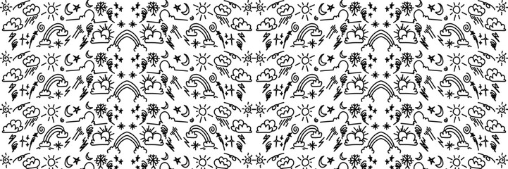 Whimsical weather pattern features a variety of hand-drawn elements like stars, suns, clouds, rainbows and lightning in black ink on white for fun, eye-catching backgrounds.