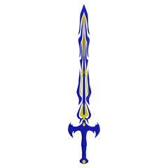 An ornate sword, colored in blue and yellow, is centered on a clean transparent background, providing a fantasy and decorative vibe suitable for gaming concepts.