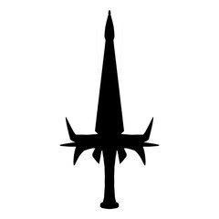 Black silhouette of a medieval-style sword featuring a sharp, pointed blade is isolated on transparent, creating a stark and dramatic look for fantasy or historical themes.