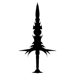 Stylized black sword stands against a stark transparent background creating a strong, simple silhouette suitable for fantasy graphics, gaming assets, or design elements.