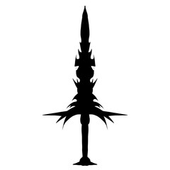 Stylized black sword stands against a stark transparent background creating a strong, simple silhouette suitable for fantasy graphics, gaming assets, or design elements.