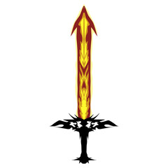 Stylized sword with a flame-like blade in yellow and red and an ornate black hilt stands dramatically against a transparent backdrop, ideal for fantasy-themed designs.