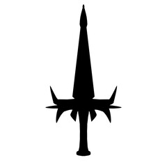 Black silhouette of a medieval-style sword featuring a sharp, pointed blade is isolated on transparent, creating a stark and dramatic look for fantasy or historical themes.