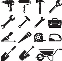 Obraz premium Black and White Icon Set of Construction and D I Y Tools Including Drill Hammer Wrench Saw Trowel Shovel