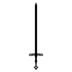 A striking black sword silhouette is centrally positioned on a clean transparent background, featuring an elaborately designed hilt, suggesting historical or fantasy themes