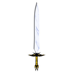 Fantasy sword stands upright featuring a long white blade with subtle streaks and a decorative golden hilt with ornate black details, set against a clean transparent backdrop