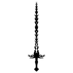 Detailed black sword silhouette features flame-like embellishments, creating a dramatic and mystical feeling against a clean transparent background, suitable for fantasy or artistic themes.