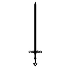 A striking black sword silhouette is centrally positioned on a clean transparent background, featuring an elaborately designed hilt, suggesting historical or fantasy themes