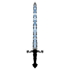 Elaborate sword with swirling black hilt and striking blue blade design is isolated against a transparent background, creating a bold, decorative image for fantasy-themed projects.