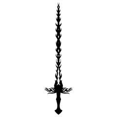 Detailed black sword silhouette features flame-like embellishments, creating a dramatic and mystical feeling against a clean transparent background, suitable for fantasy or artistic themes.