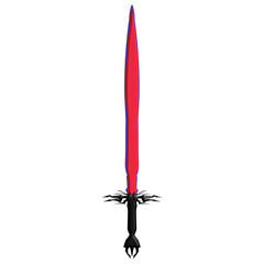A digitally rendered fantasy sword with a red blade and blue outline stands upright on a transparent background creating a dramatic mood for gaming and fantasy illustrations.