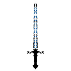 Elaborate sword with swirling black hilt and striking blue blade design is isolated against a transparent background, creating a bold, decorative image for fantasy-themed projects.