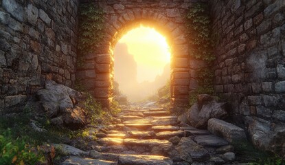 Ancient stone archway, sunlight path