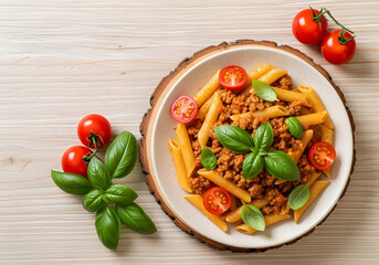 Italian pasta bolognese with cherry tomatoes and basil on white wood background Text space Top view