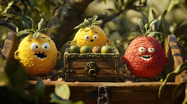 Three whimsical fruit characters, a yellow pineapple, a surprised pineapple, and a rambunctious red fruit, surround a treasure chest outdoors.