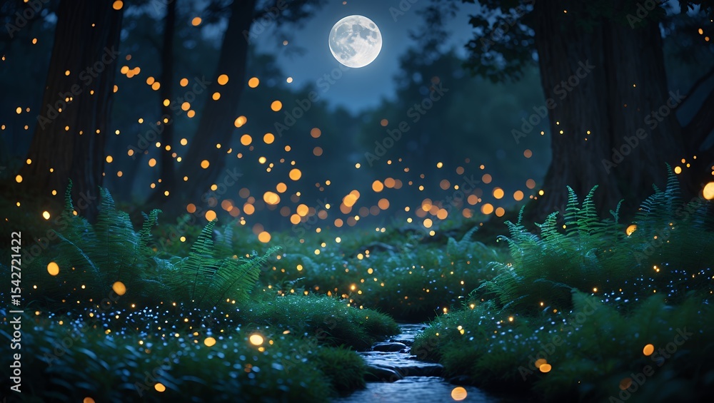 Poster fireflies floating above forest floor with moon illuminating the scene