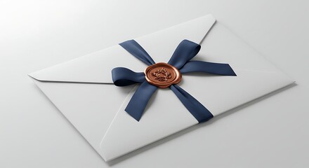 Elegant white envelope with blue ribbon and a decorative wax seal