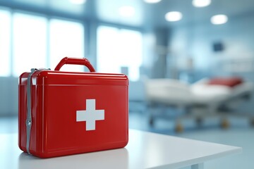 Red medical first-aid kit on a table.