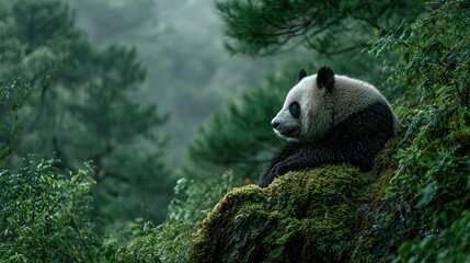 Giant panda resting on mossy rock in bamboo forest, a moment of peace in nature's embrace