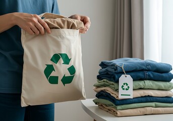 Person Donating Clothes in Eco-Friendly Tote Bag