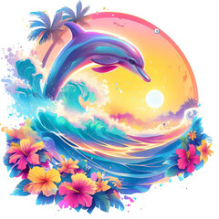 Fototapeta premium summer sunset landscape with dolphins and waves clipart