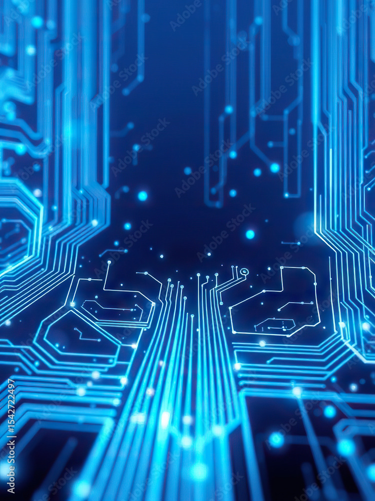Poster glowing blue circuit board with intricate patterns and futuristic design, symbolizing technology and