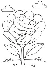 Coloring book frog napping inside a large, blooming flower