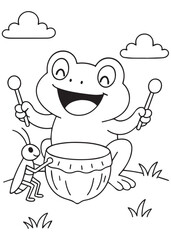 Coloring book frog playing drums with a grasshopper