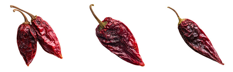 Collection of dried red chili peppers with wrinkled textures and bold shadows isolated on a white or transparent background