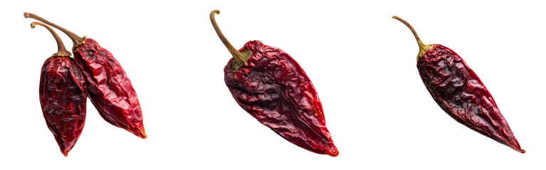 Collection of dried red chili peppers with wrinkled textures and bold shadows isolated on a white or transparent background