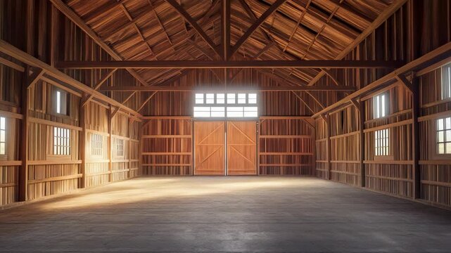 An empty barn with wooden walls and windows