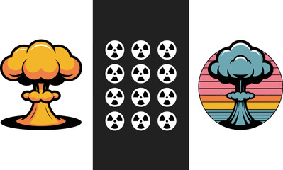 Nuclear explosion atom bomb radiation hazard warning sign symbol danger atomic energy power weapon mushroom cloud editable stock vector illustration