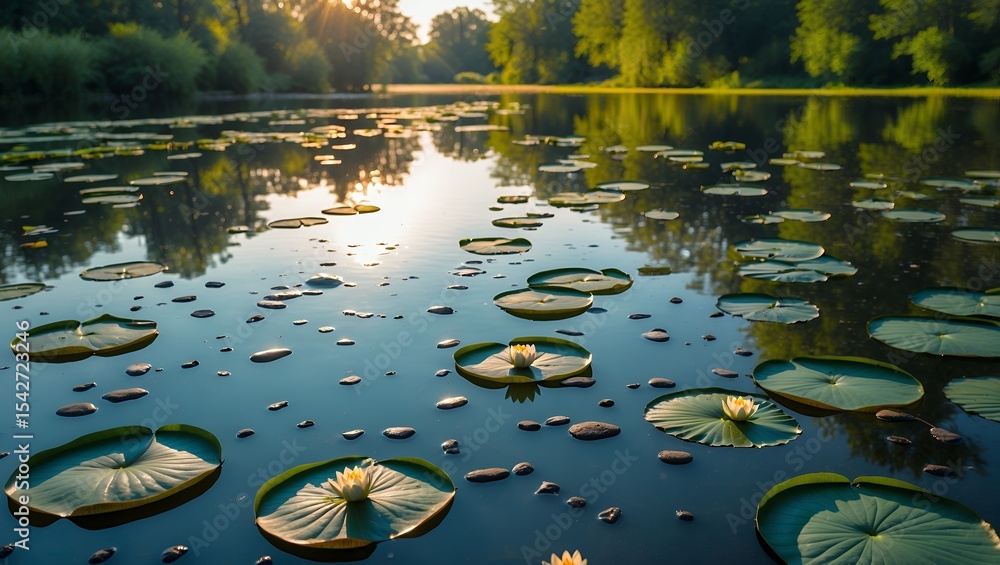 Poster lily pads floating on calm lake with reflected sunlight and trees