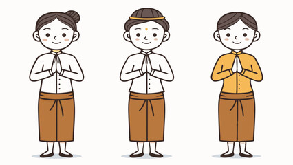 cartoon illustration Thai salute of greeting or leavetaking, to pay respect