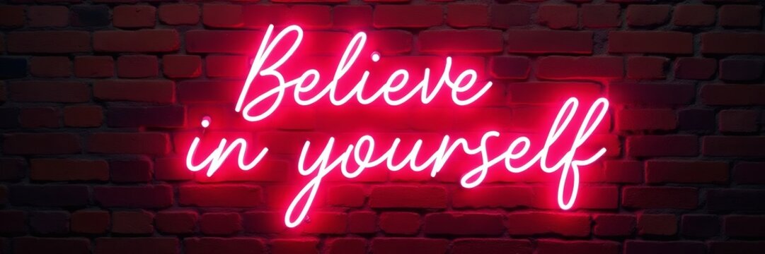 A neon sign on a brick wall that reads Believe in yourself in bright pink cursive