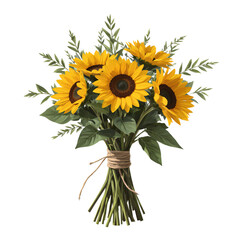 Obraz premium Sunflowers and greenery tied with rustic twine, natural, warm, on white background.